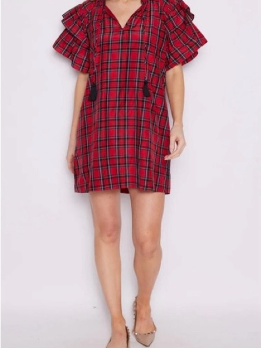 Sail to Sable Red Plaid Ruffle Sleeve Dress